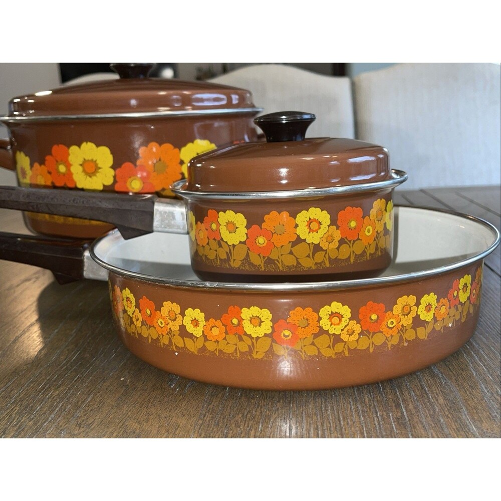 VGT Swan Brand Enamel Sauce Pot Pans Orange/Brown Flowers with Lids 70s  Lot 3